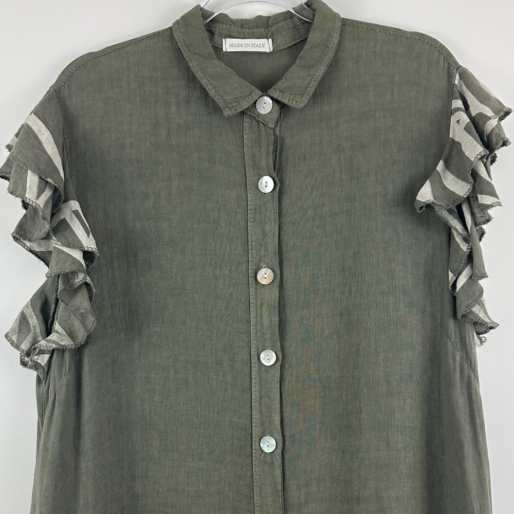Little Corner Miami 100% Linen Made in Italy Olive Ruffle Button Midi Dress XL - Picture 4 of 11